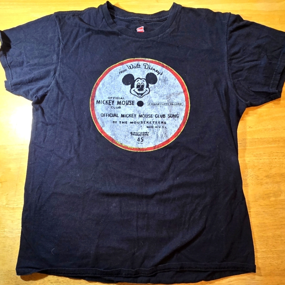 Rare DISNEY PARKS Mickey Mouse Club 45 RPM Record Lyrics T- Shirt - women's MED